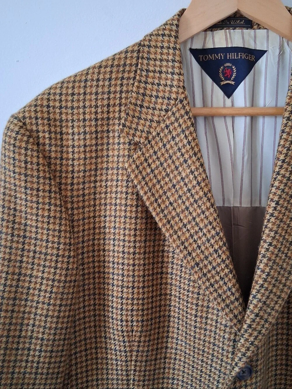 Tommy Hilfiger Men's Brown Blue Houndstooth Sport Coat Blazer 41R Vintage Wool